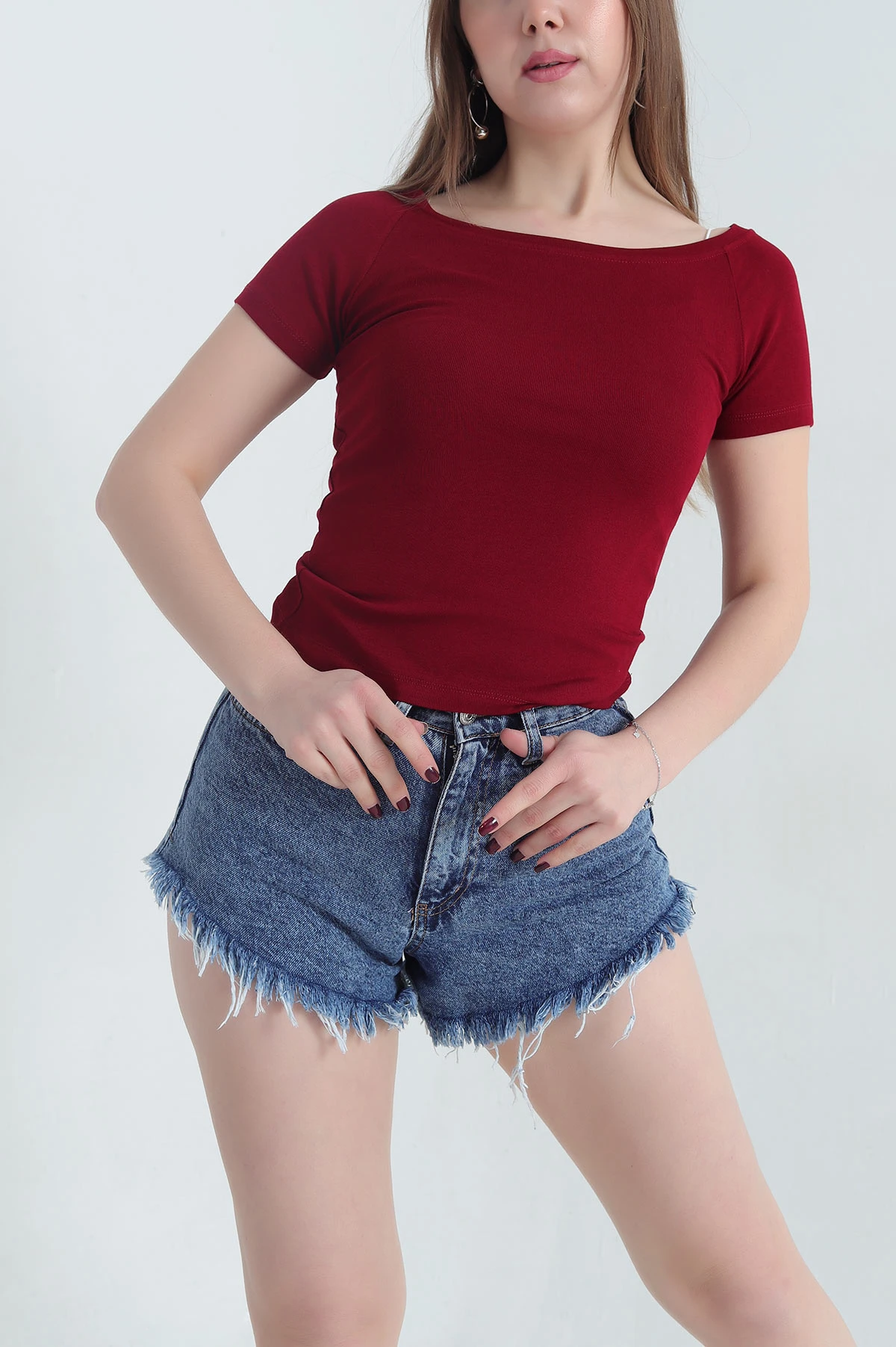 Bordo Kayık Yaka Ribana Kadın Bluz 344691