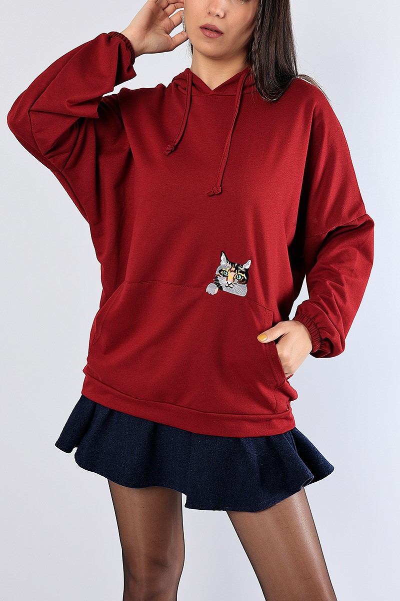 Bordo Kedi Nakışlı Sweat Tunik 81334