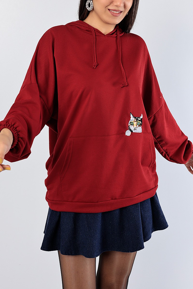 Bordo Kedi Nakışlı Sweat Tunik 81334