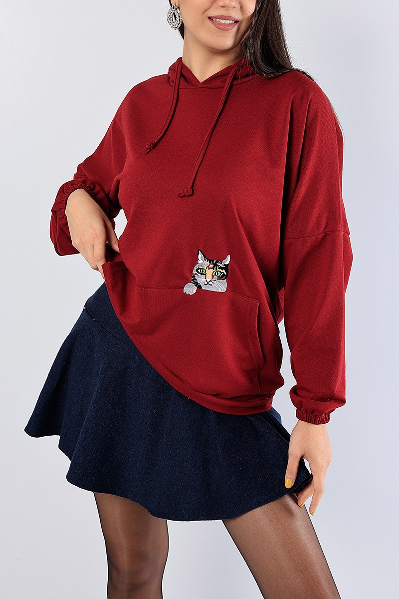 Bordo Kedi Nakışlı Sweat Tunik 81334