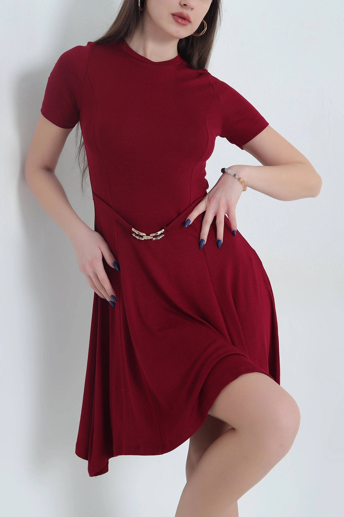 Bordo Kemer Detay Viskon Çilek Kumaş Likralı Kadın Elbise 342787