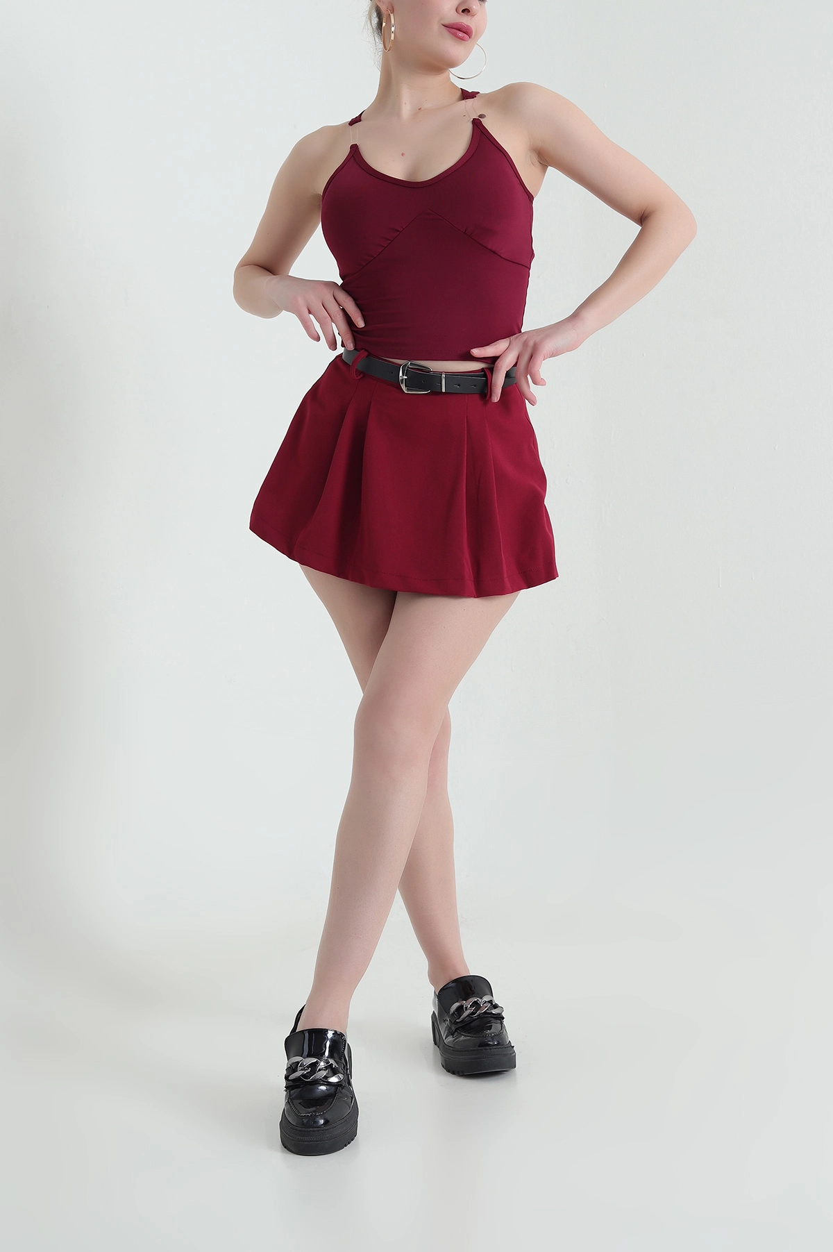 Bordo Kemerli Atlas Kadın Şort Etek 431099