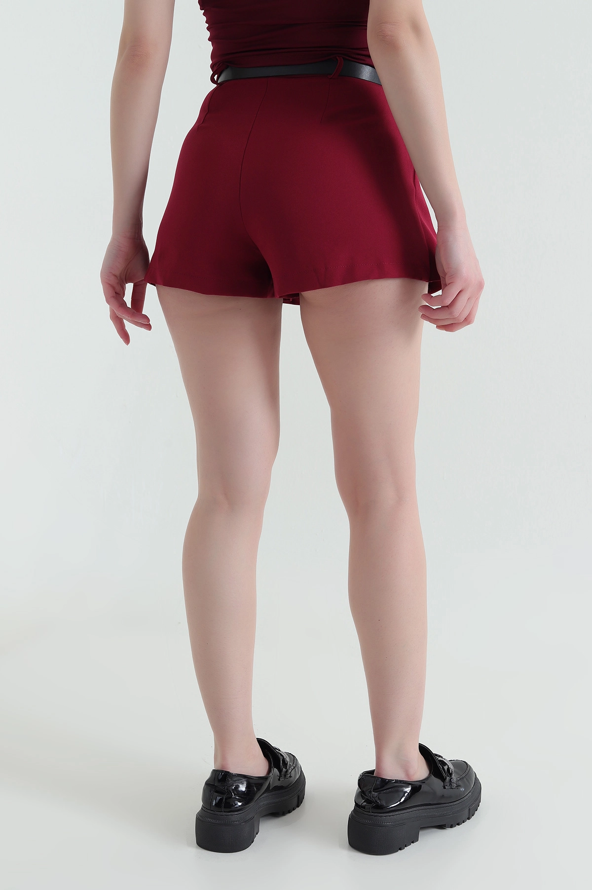 Bordo Kemerli Atlas Kadın Şort Etek 431099