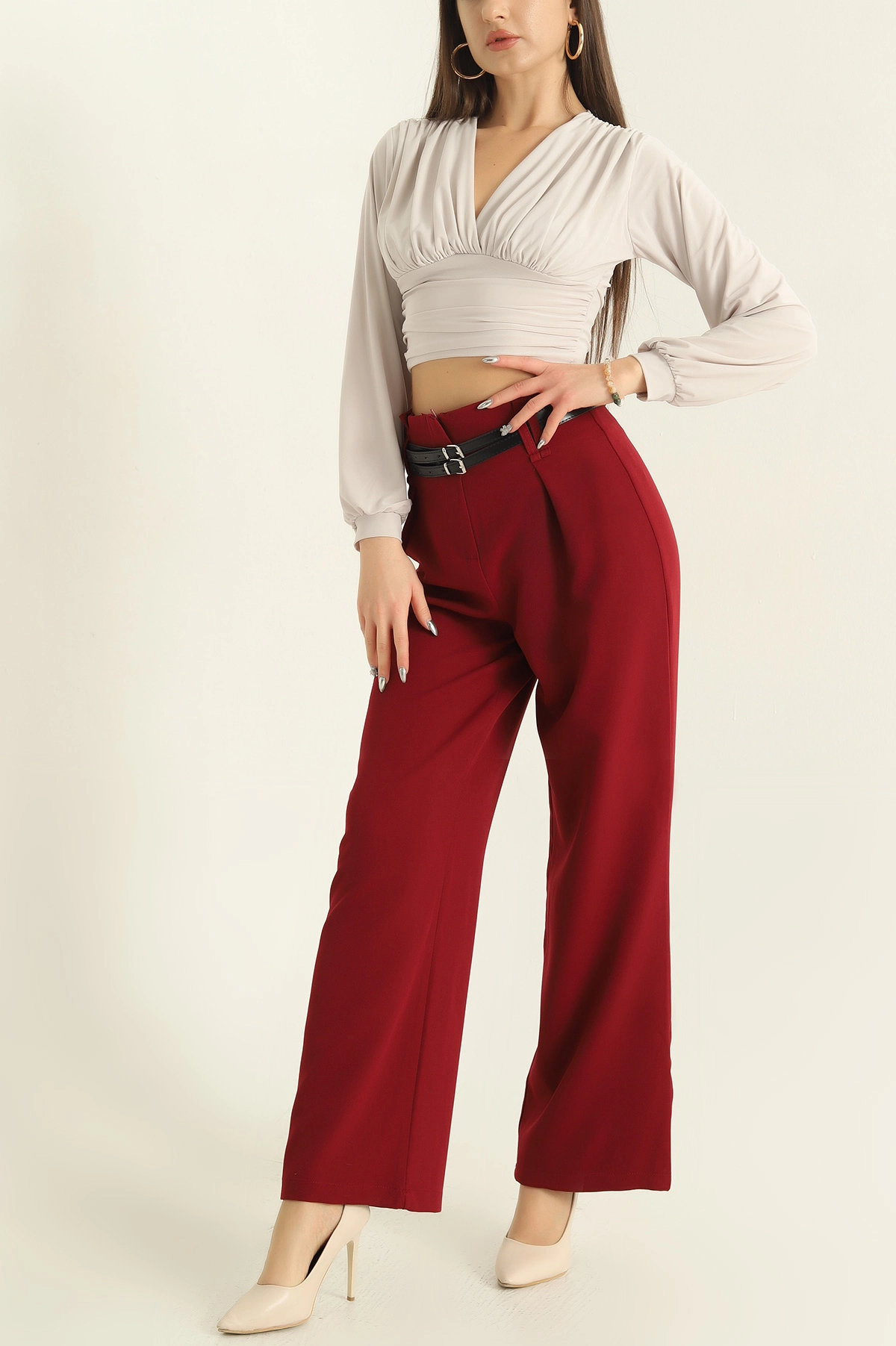 Bordo Kemerli Atlas Palazzo Bayan Pantolon 326093