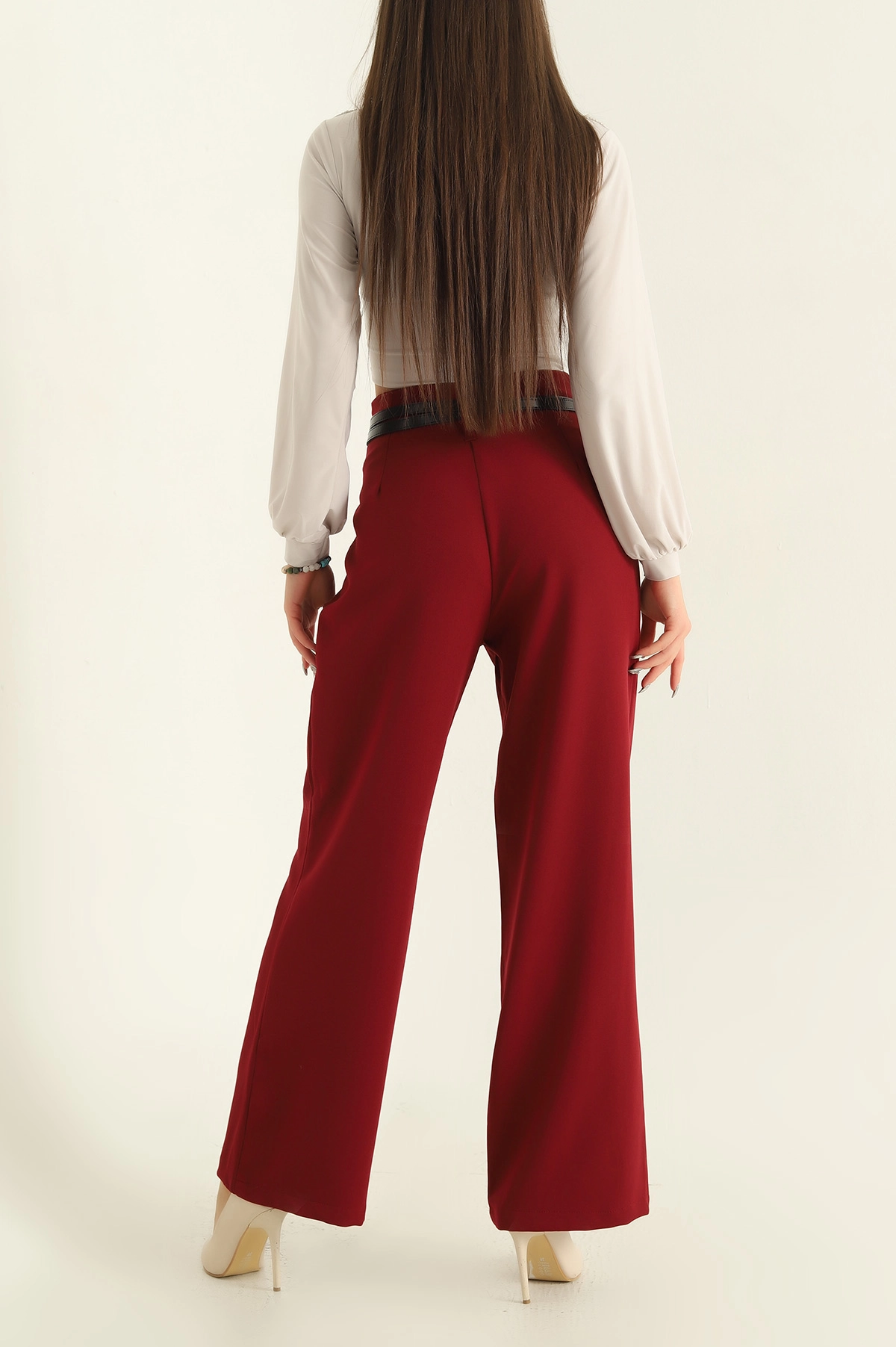 Bordo Kemerli Atlas Palazzo Bayan Pantolon 326093