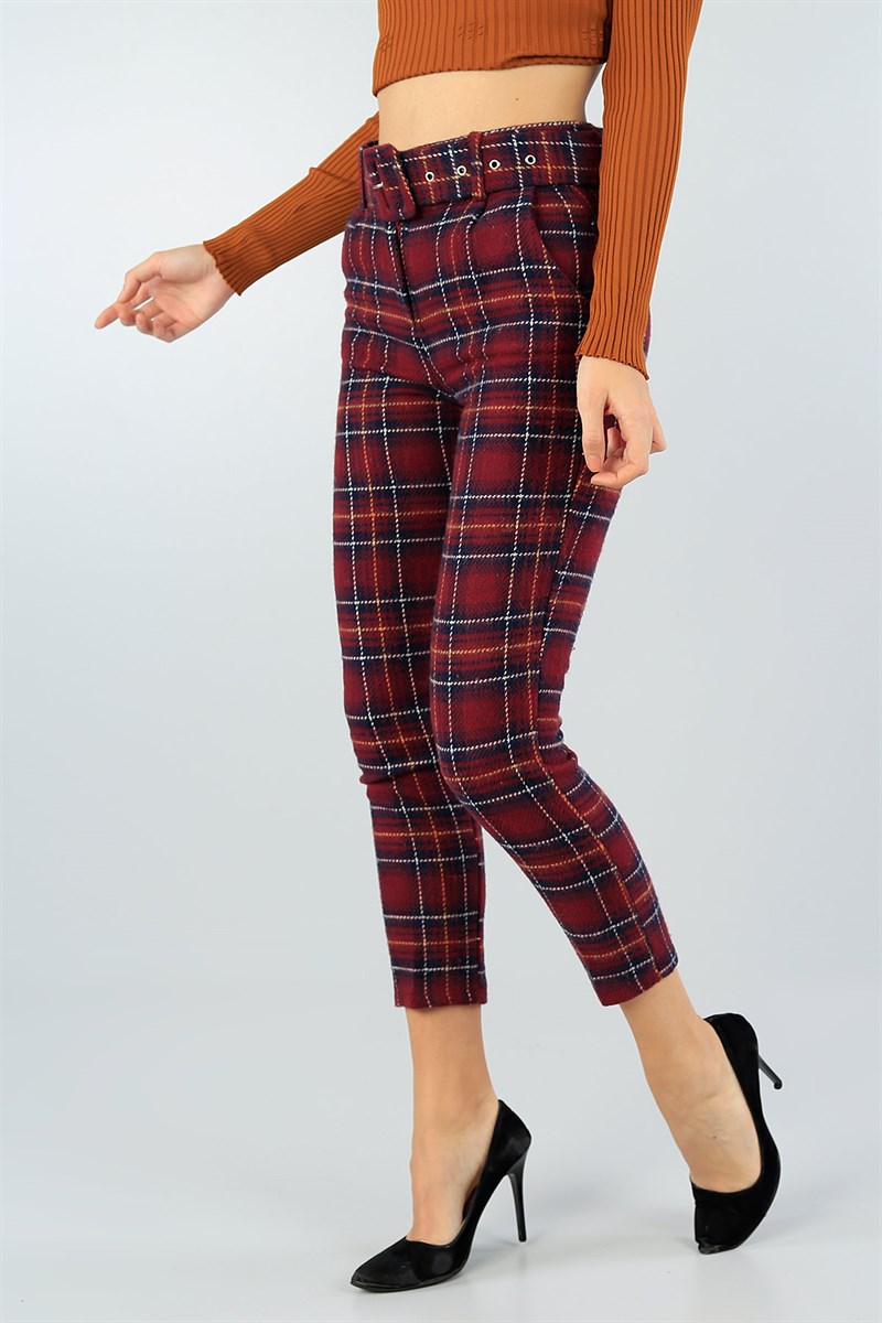 Bordo Kemerli Bayan Kaşe Pantolon 45045