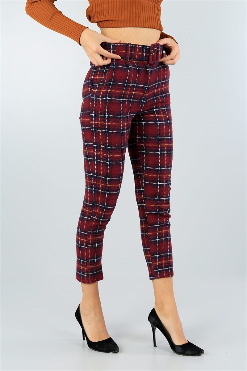 Bordo Kemerli Bayan Kaşe Pantolon 45045