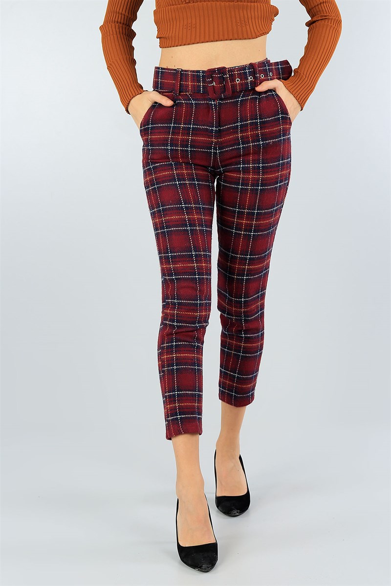 Bordo Kemerli Bayan Kaşe Pantolon 45045