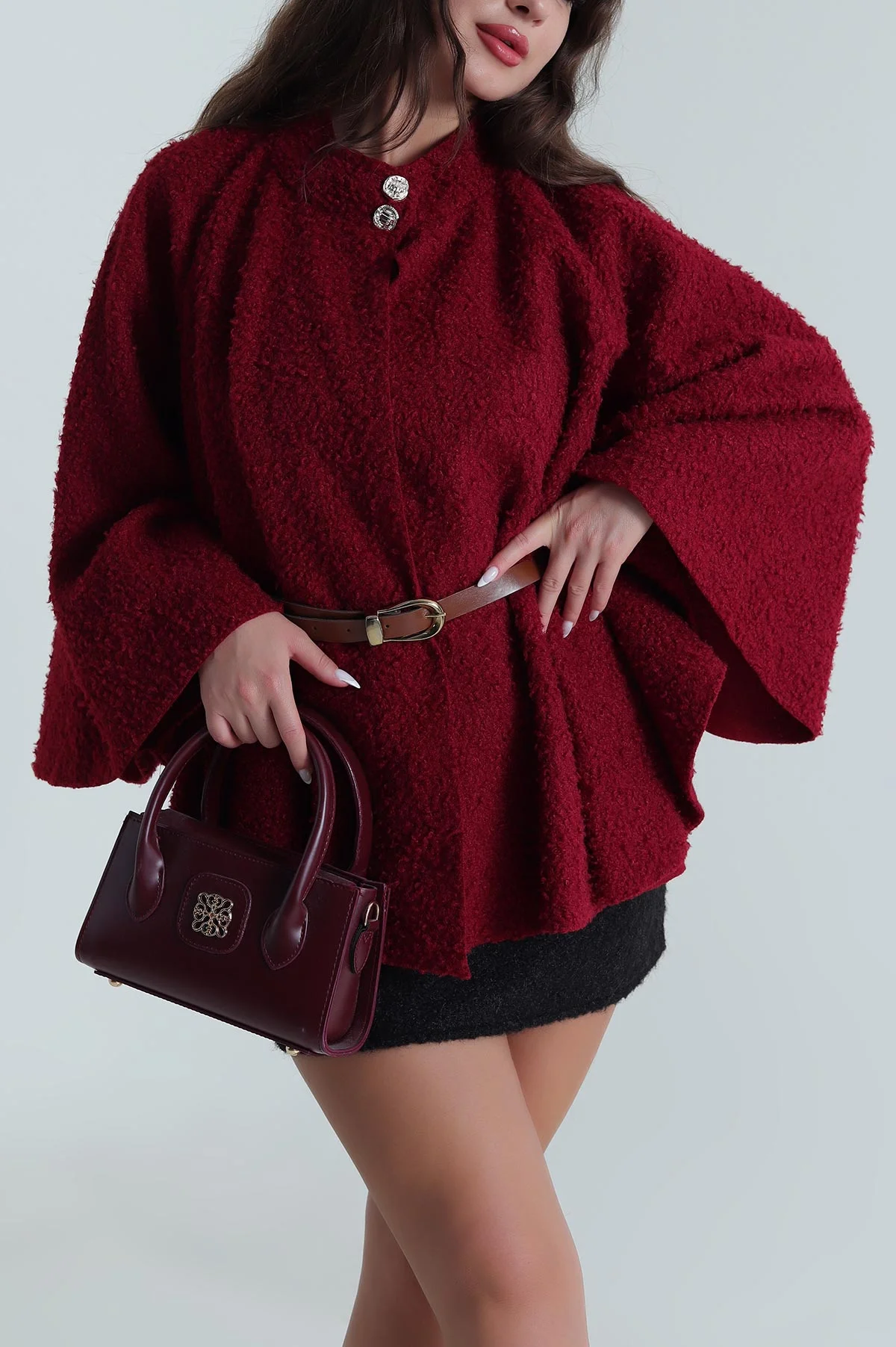 Bordo Kemerli Buklet Kadın Panço 484869