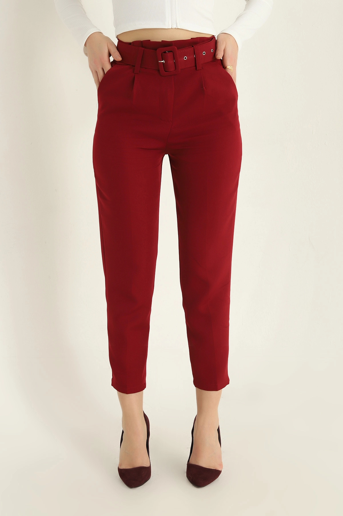 Bordo Kemerli Dabıl Bayan Pantolon 322174