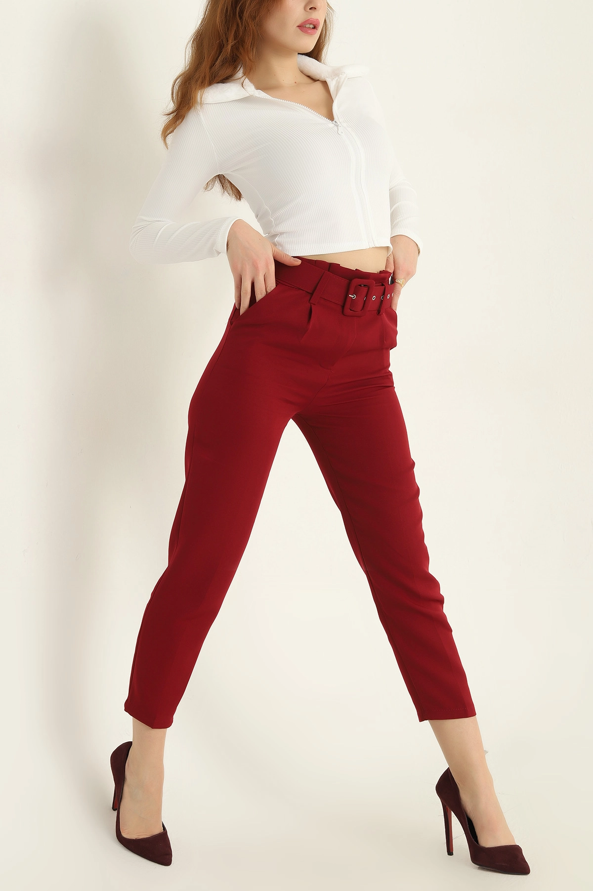 Bordo Kemerli Dabıl Bayan Pantolon 322174