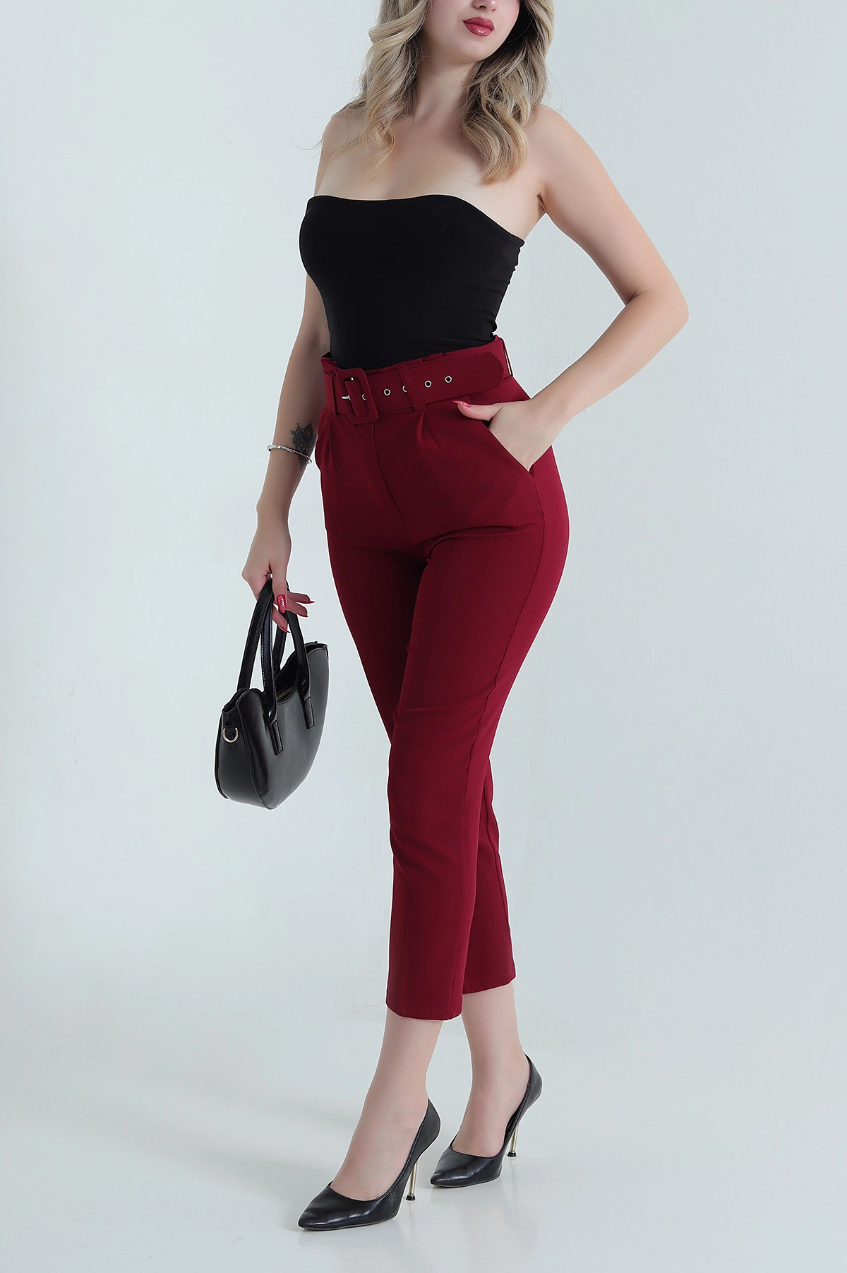 Bordo Kemerli Dabıl Kadın Pantolon 481394