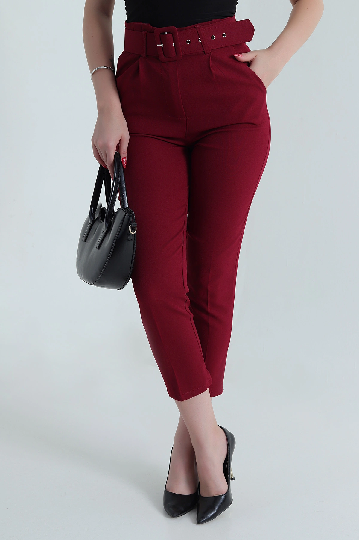 Bordo Kemerli Dabıl Kadın Pantolon 481394