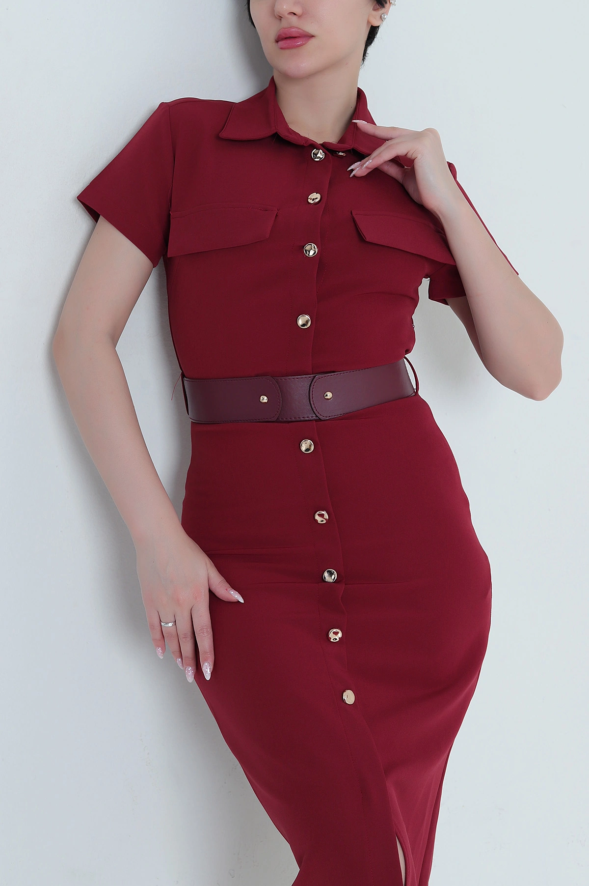 Bordo Kemerli Double Kadın Elbise 457591