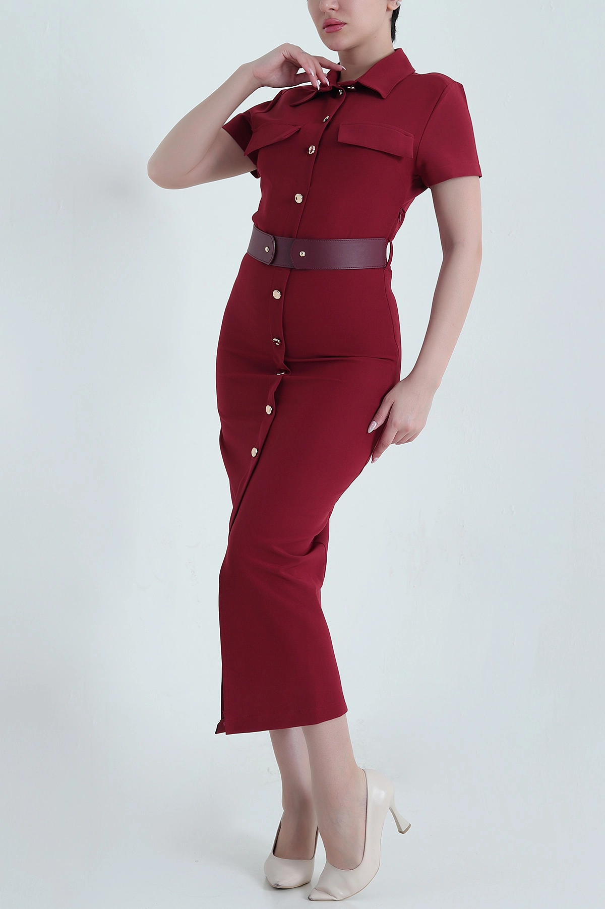 Bordo Kemerli Double Kadın Elbise 457591
