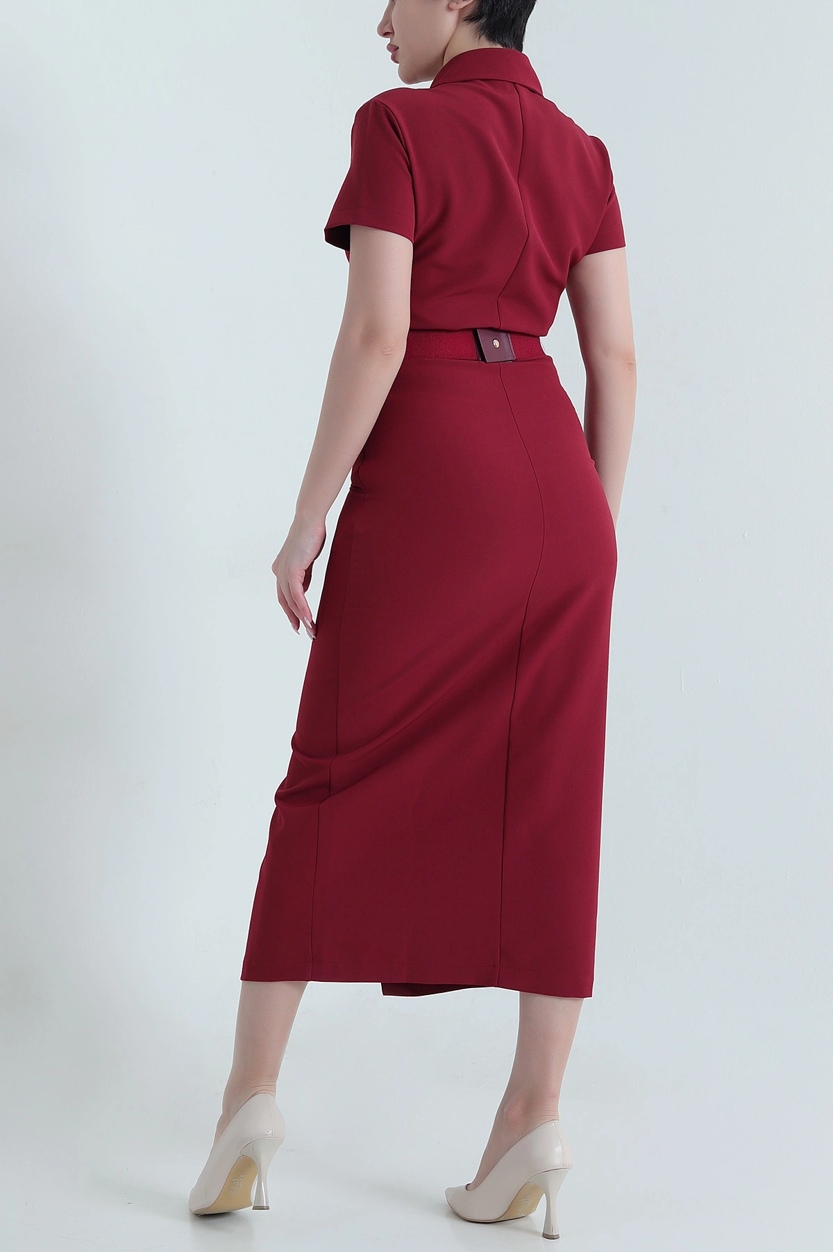 Bordo Kemerli Double Kadın Elbise 457591