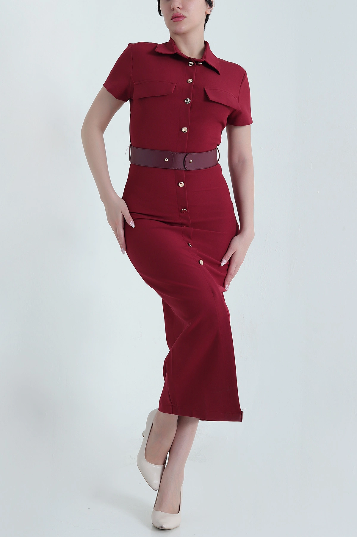 Bordo Kemerli Double Kadın Elbise 457591