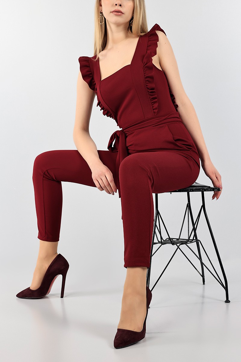 Bordo Kemerli İthal Krep Bayan Tulum 99264