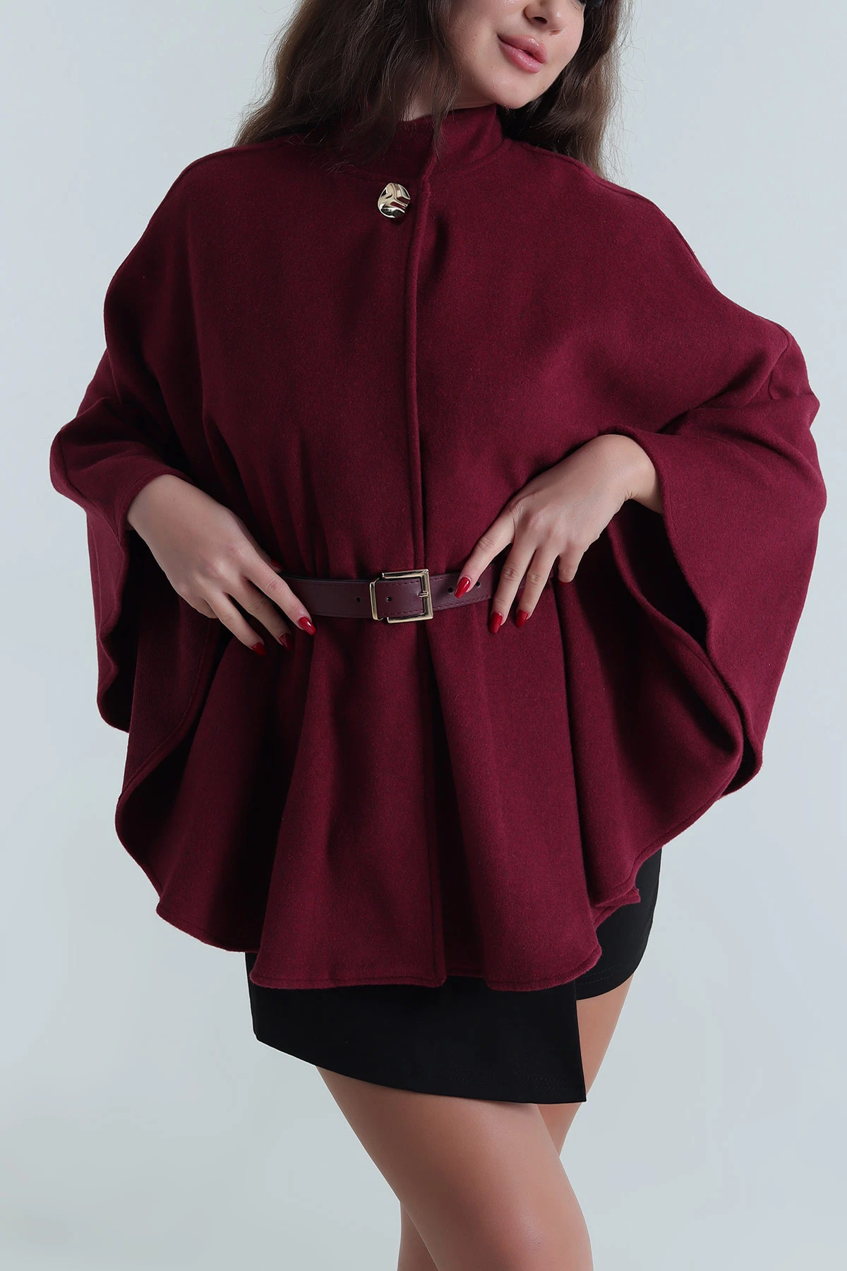 Bordo Kemerli Kaşe Kadın Pelerin Ceket 494557