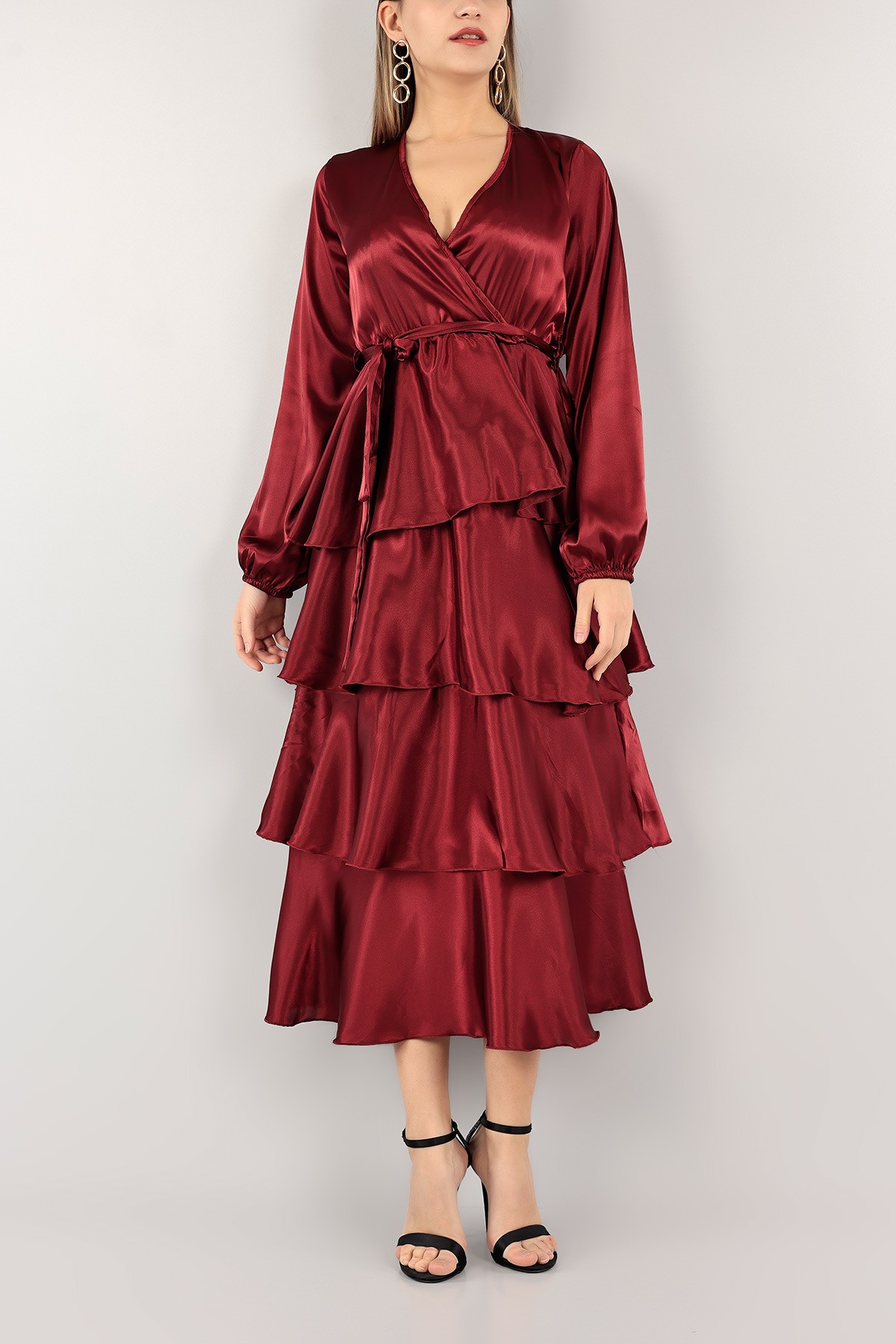 Bordo Kemerli Katlı Saten Elbise 112949