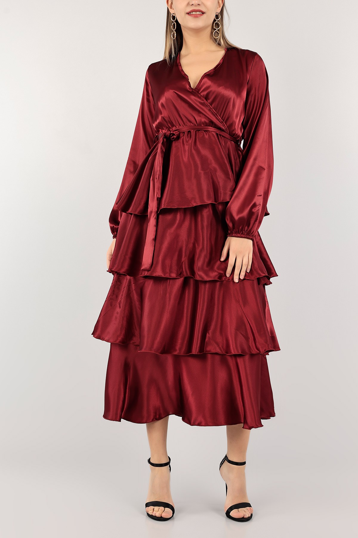 Bordo Kemerli Katlı Saten Elbise 112949