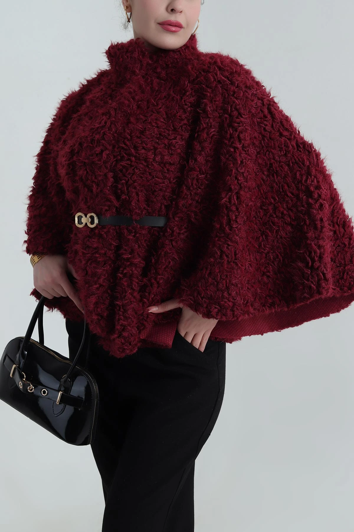 Bordo Kemerli Kıvırcık Tibet Kadın Panço 406299