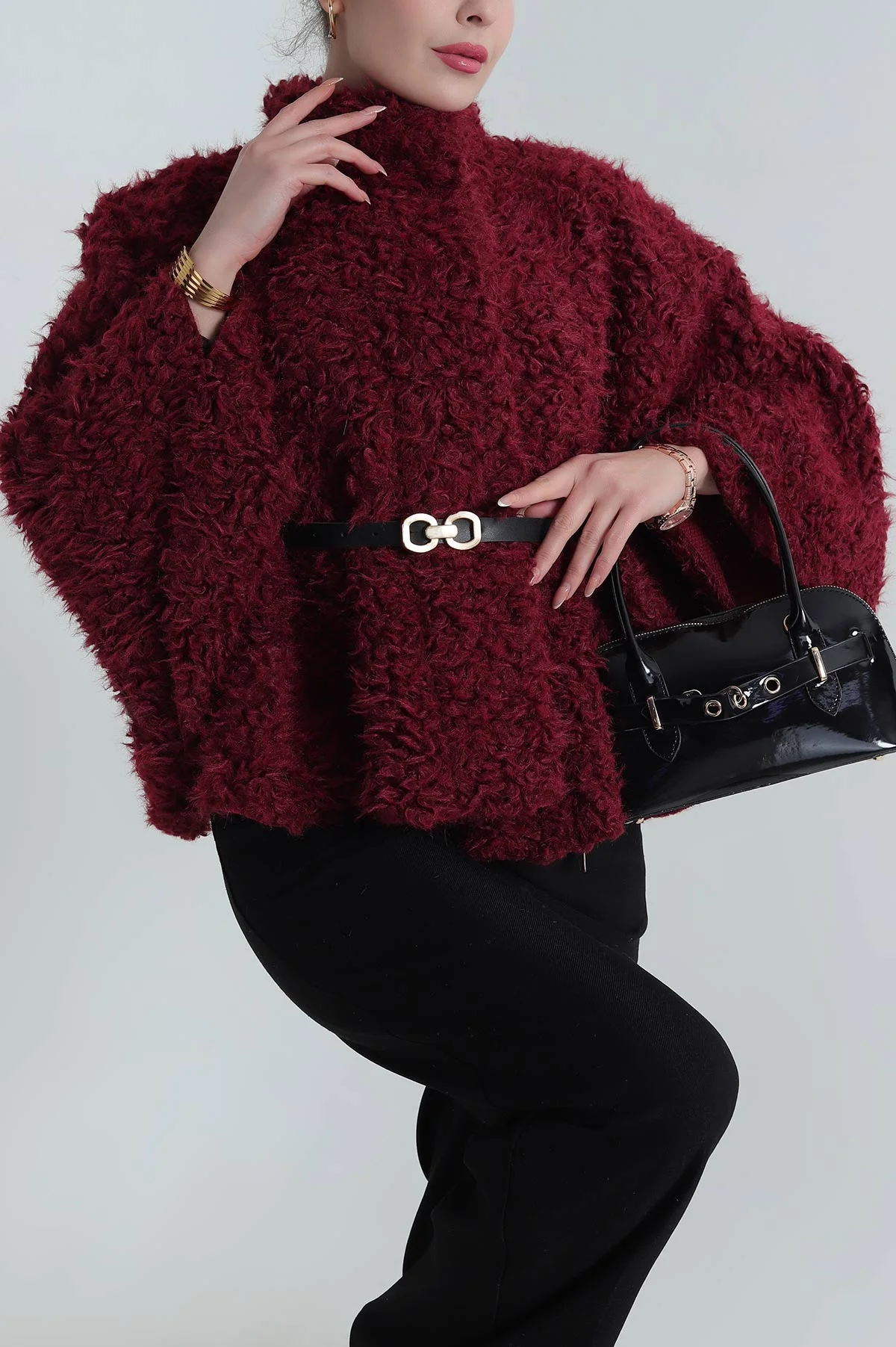Bordo Kemerli Kıvırcık Tibet Kadın Panço 406299