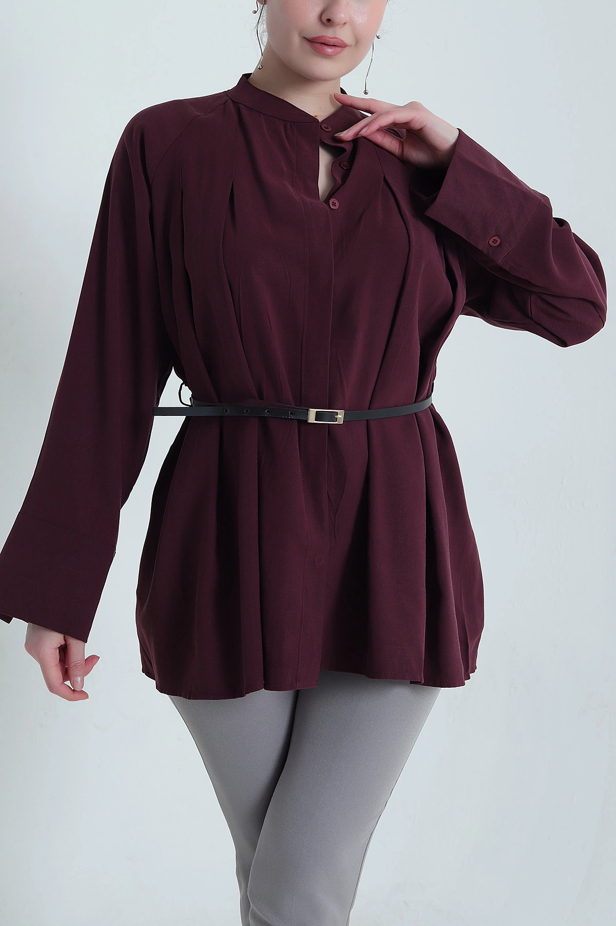 Bordo Kemerli Modal Kadın Gömlek Tunik 455802