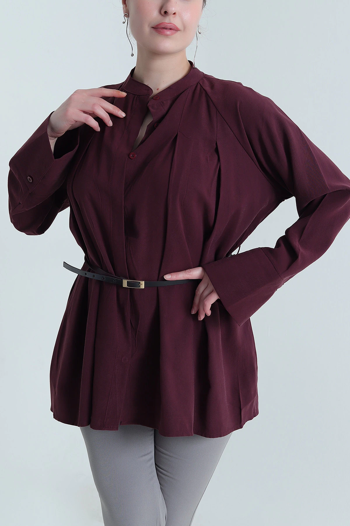 Bordo Kemerli Modal Kadın Gömlek Tunik 455802
