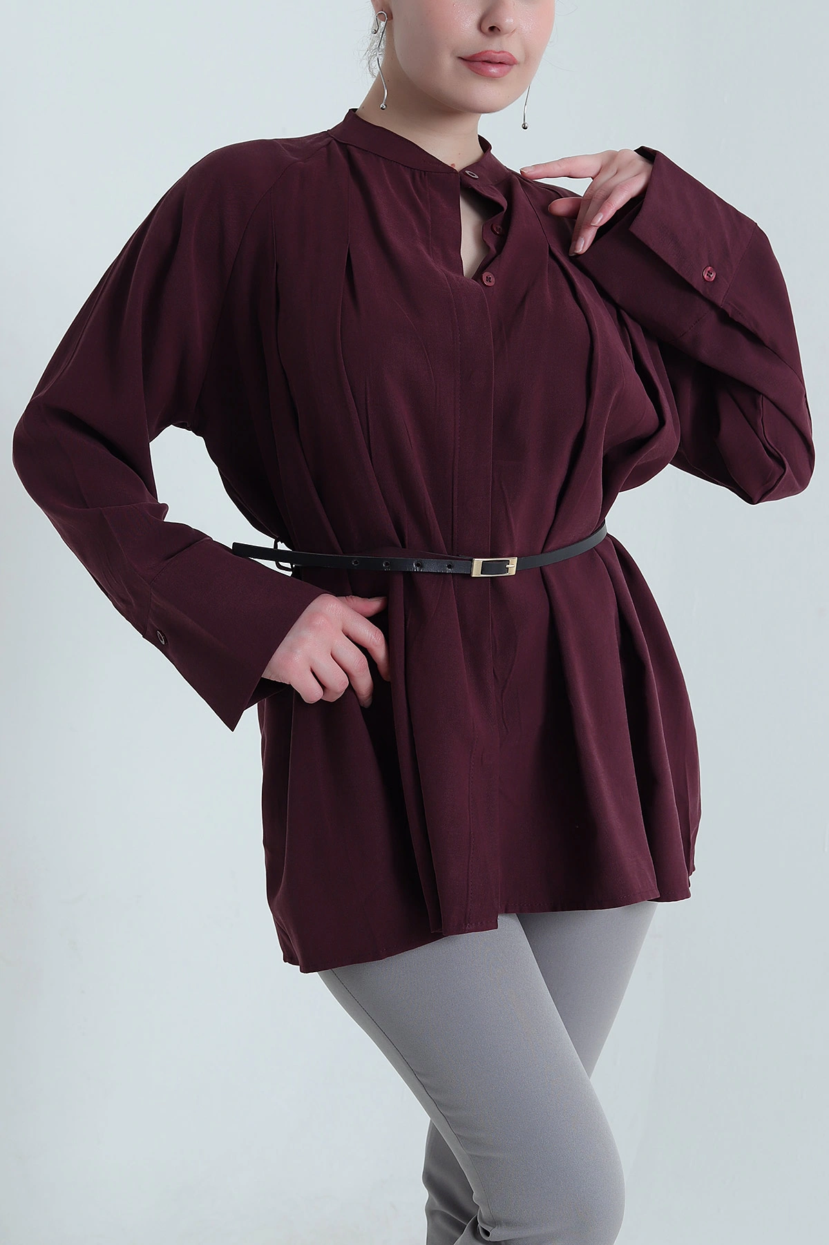 Bordo Kemerli Modal Kadın Gömlek Tunik 455802