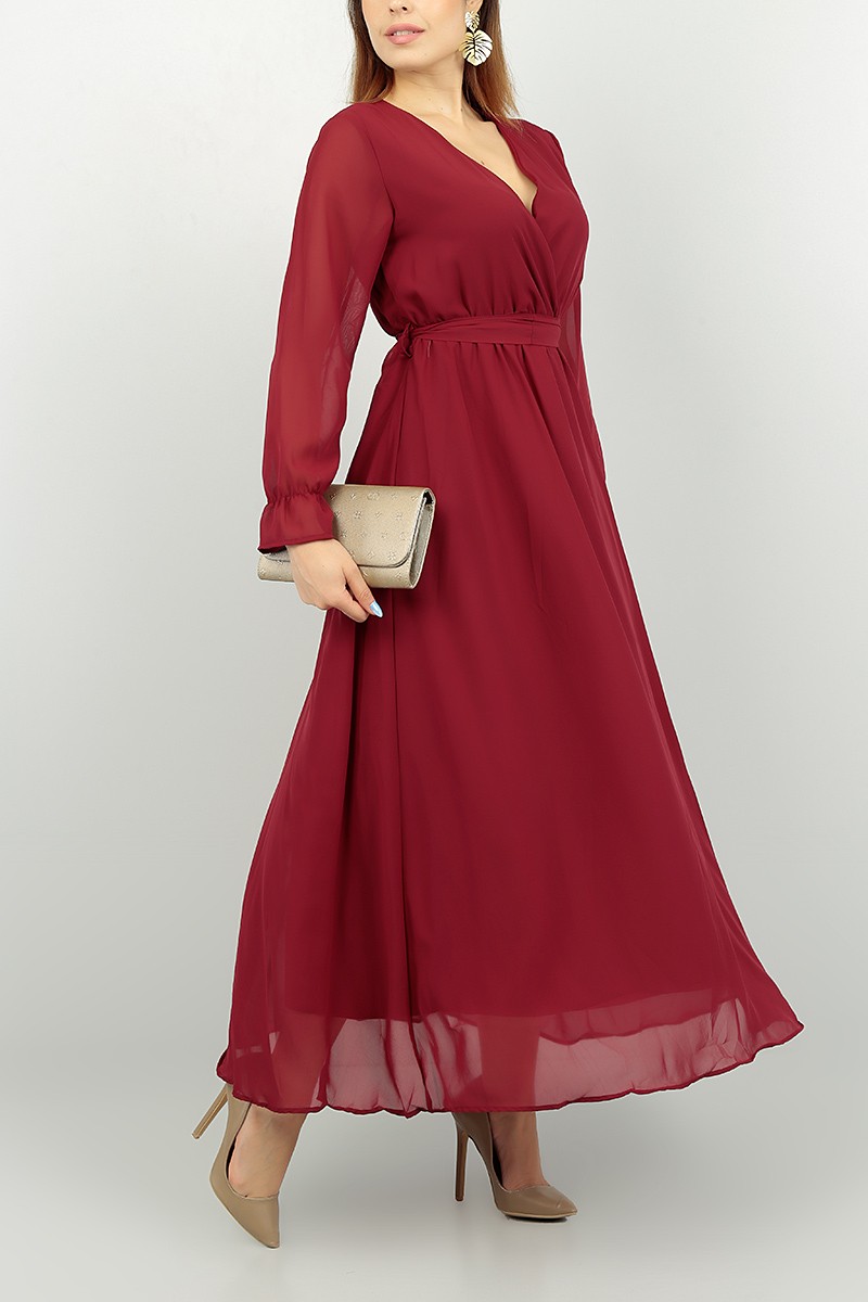 Bordo Kemerli Yeni Sezon Şifon Elbise 74335