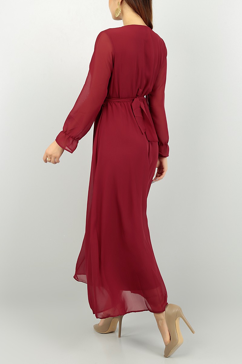 Bordo Kemerli Yeni Sezon Şifon Elbise 74335