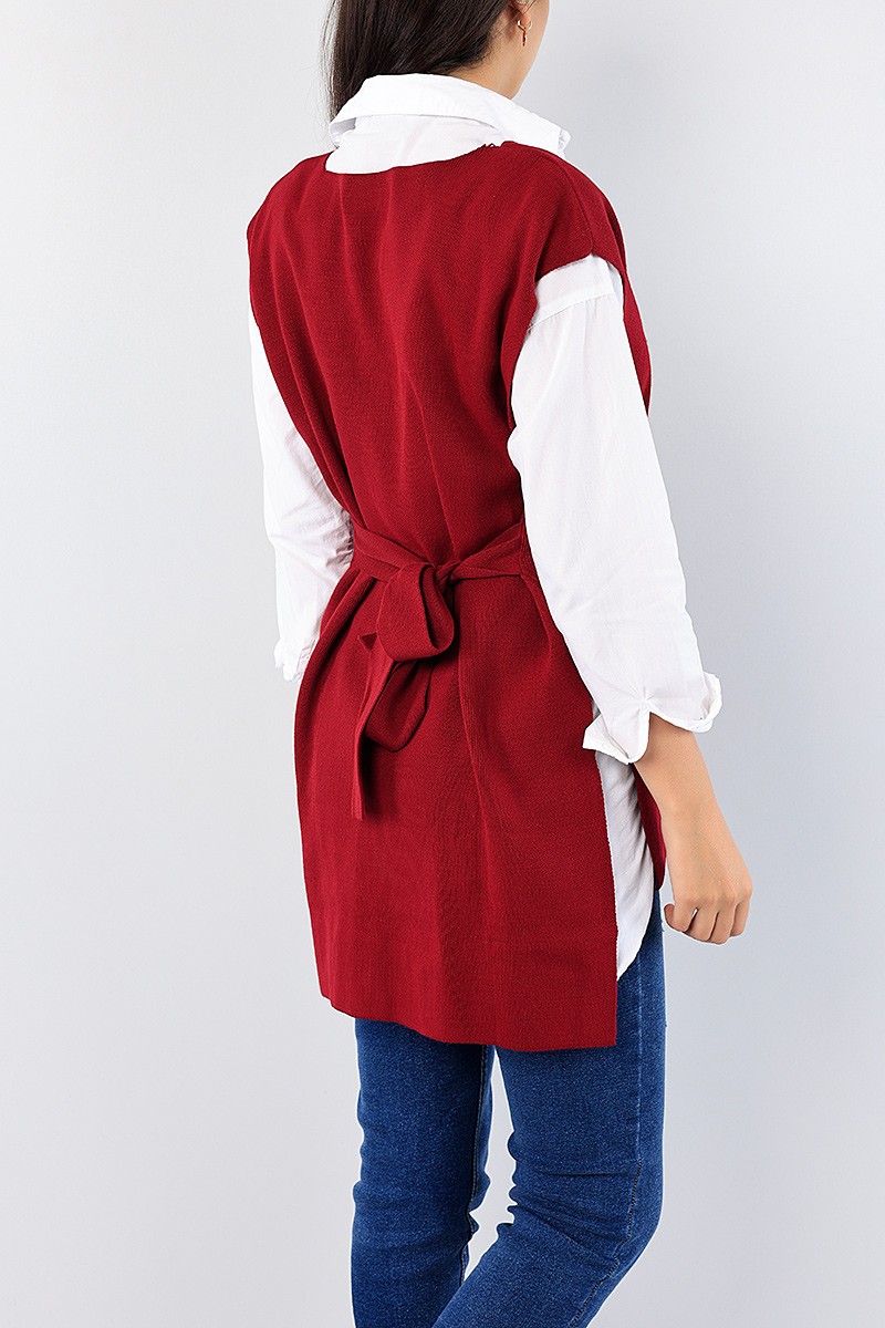 Bordo Kendinden Kemerli Bayan Triko Süveter 75485