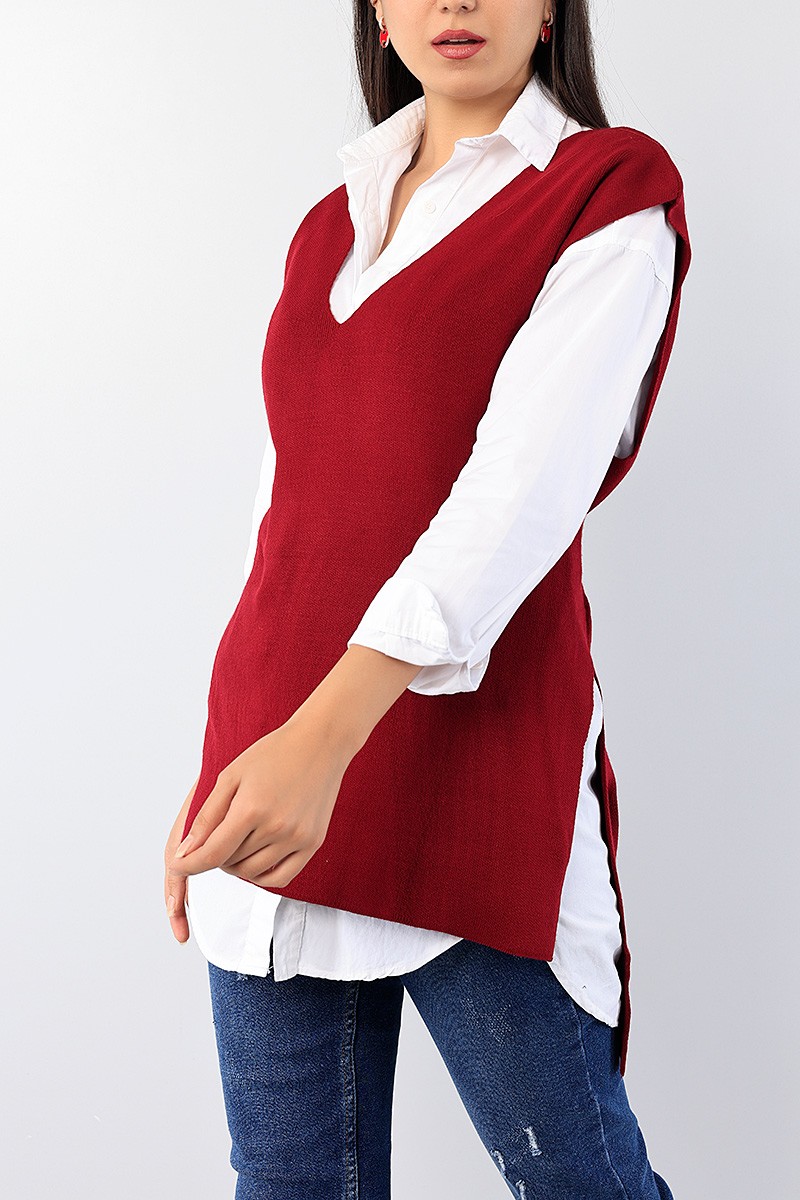 Bordo Kendinden Kemerli Bayan Triko Süveter 75485
