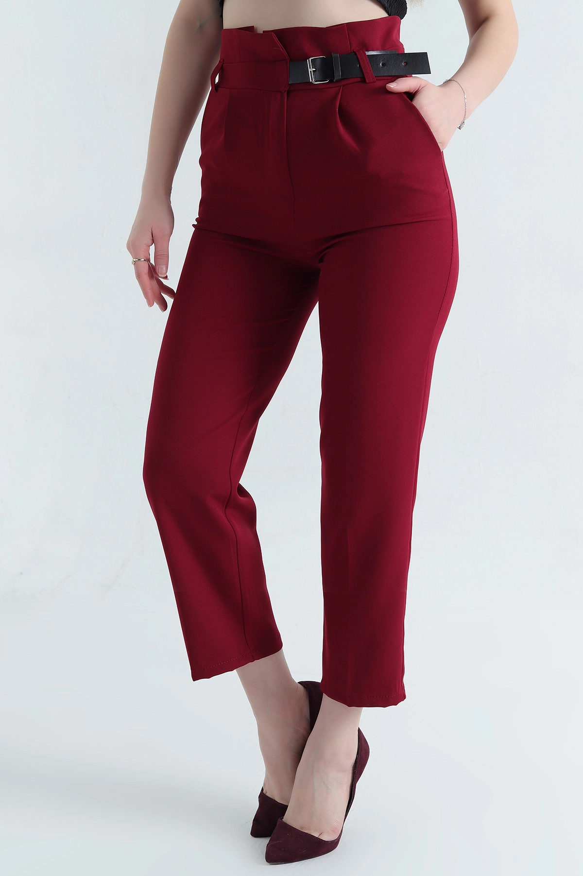 Bordo Kendinden Kemerli Dabıl Kumaş Bayan Pantolon 338139