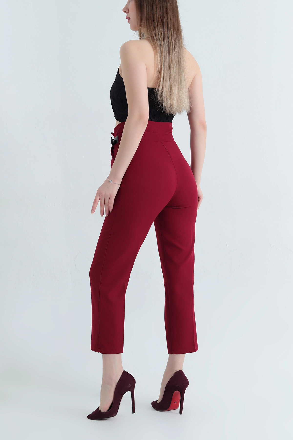 Bordo Kendinden Kemerli Dabıl Kumaş Bayan Pantolon 338139