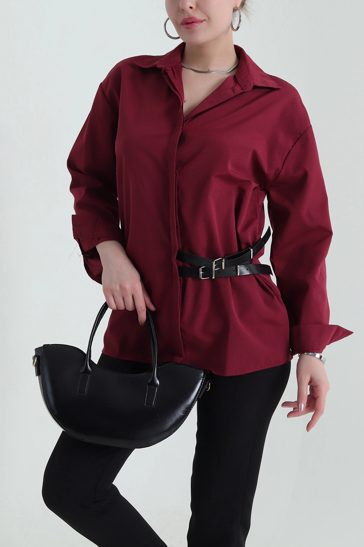 Bordo Kendinden Kemerli Poplin Kadın Gömlek 434691