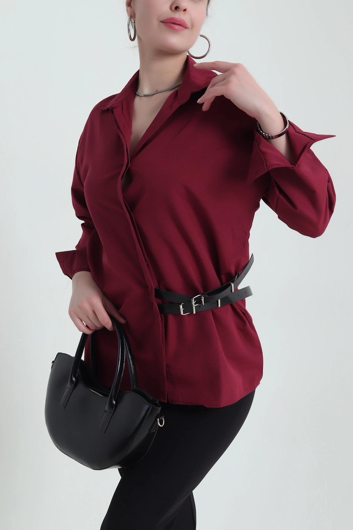 Bordo Kendinden Kemerli Poplin Kadın Gömlek 434691