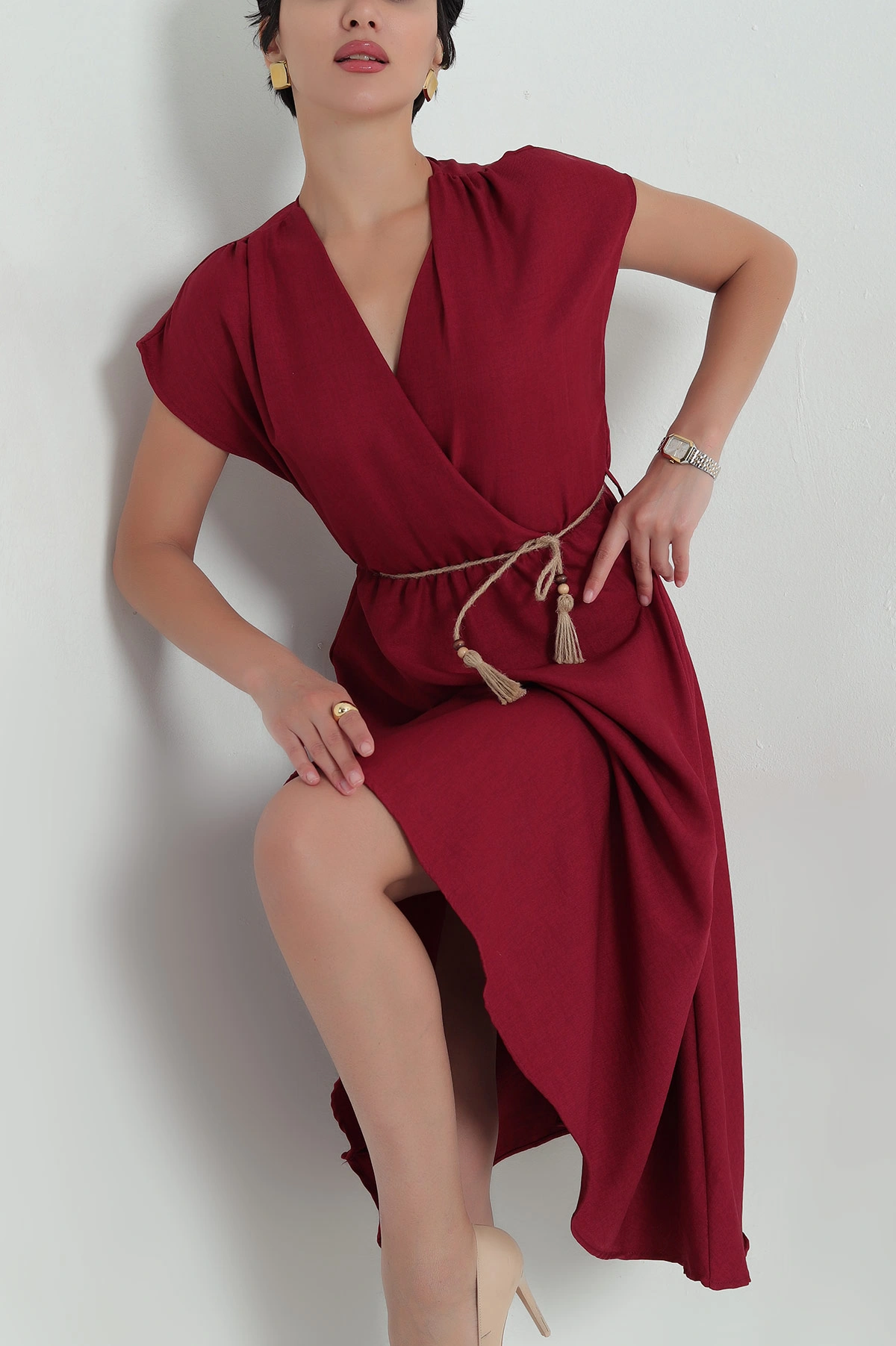 Bordo Keten Kruvaze Kemerli Kadın Elbise 363386