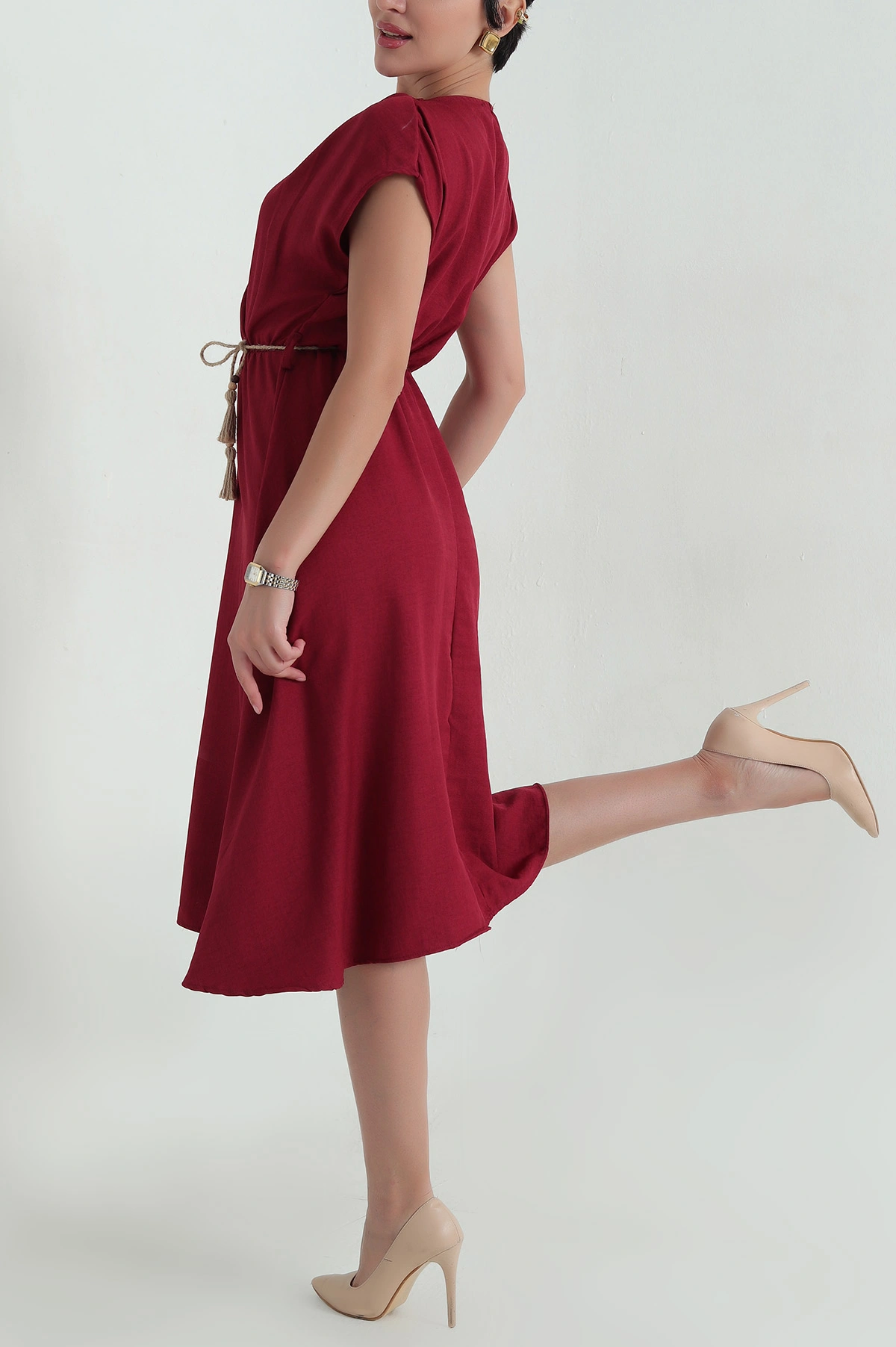 Bordo Keten Kruvaze Kemerli Kadın Elbise 363386