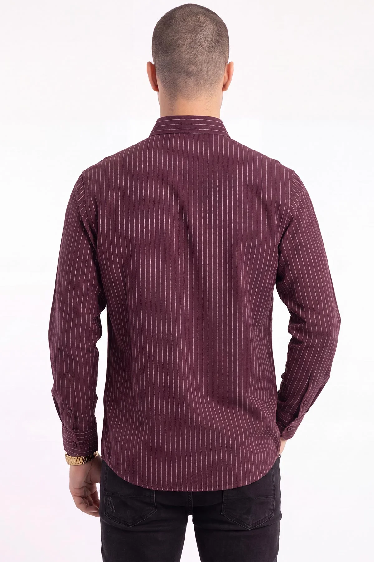 Bordo Keten Uzun Kol Çizgili  Erkek Gömlek 471854