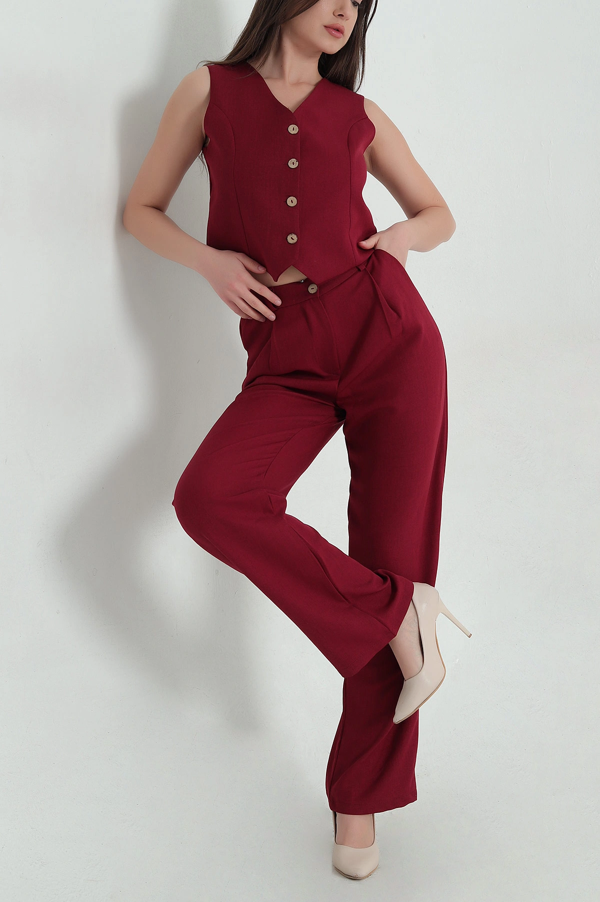 Bordo Keten Yelek Pantolon Kadın İkili Takım 363389