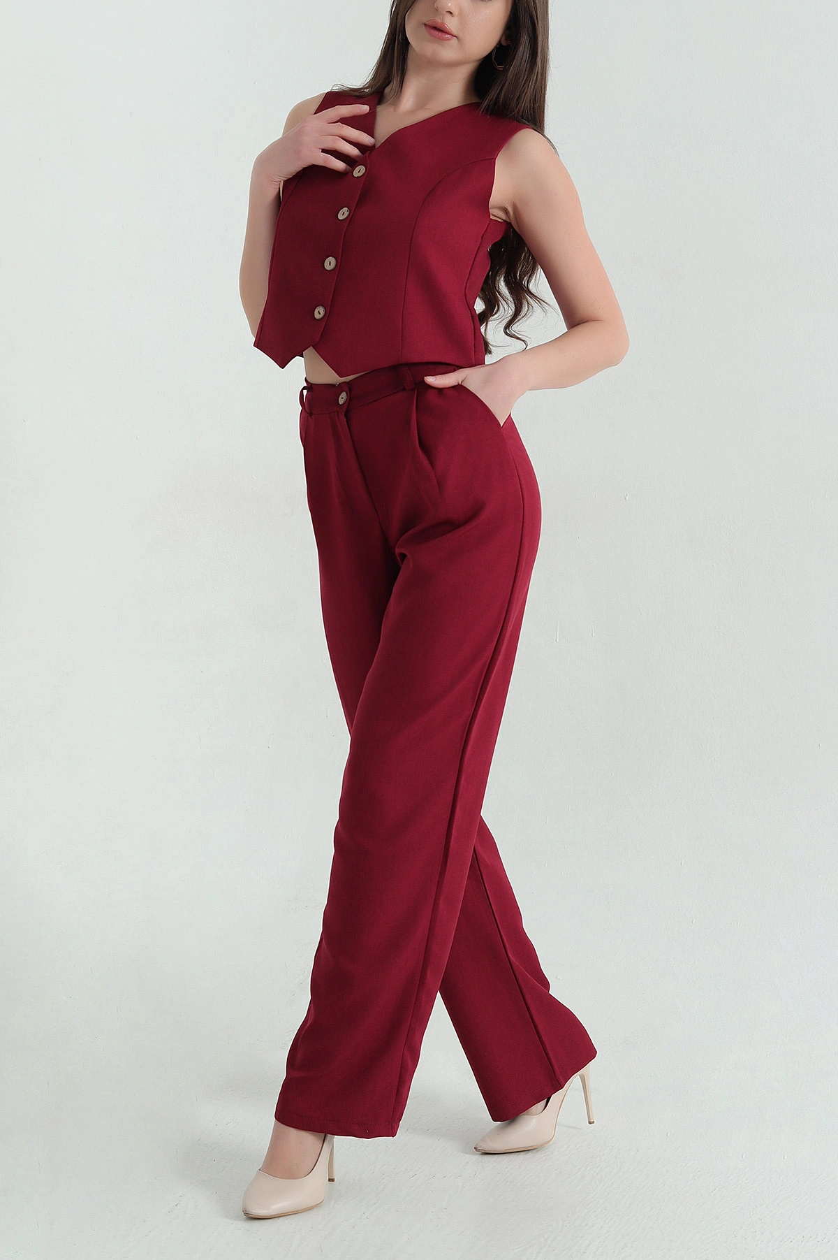 Bordo Keten Yelek Pantolon Kadın İkili Takım 363389