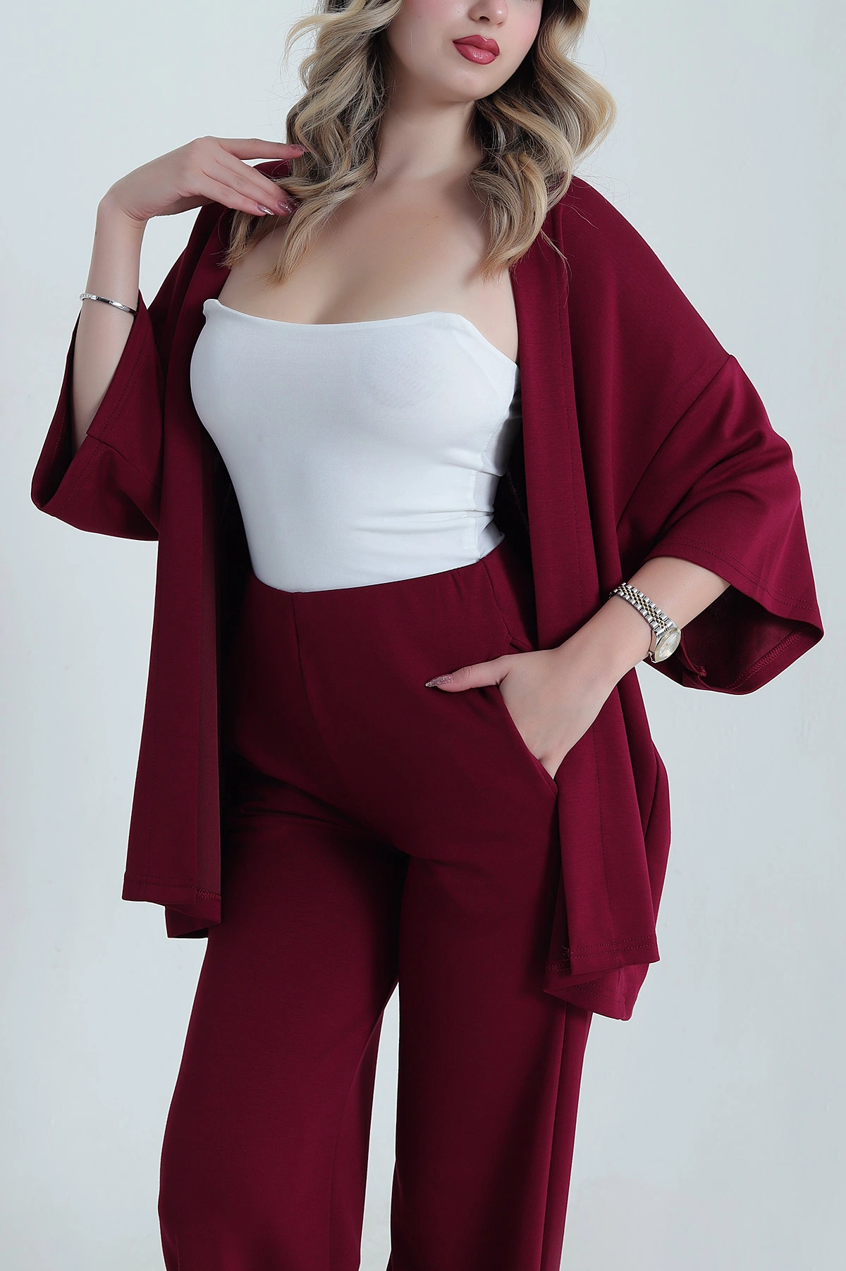 Bordo Kimono Pantolon Kadın İkili Takım 479529