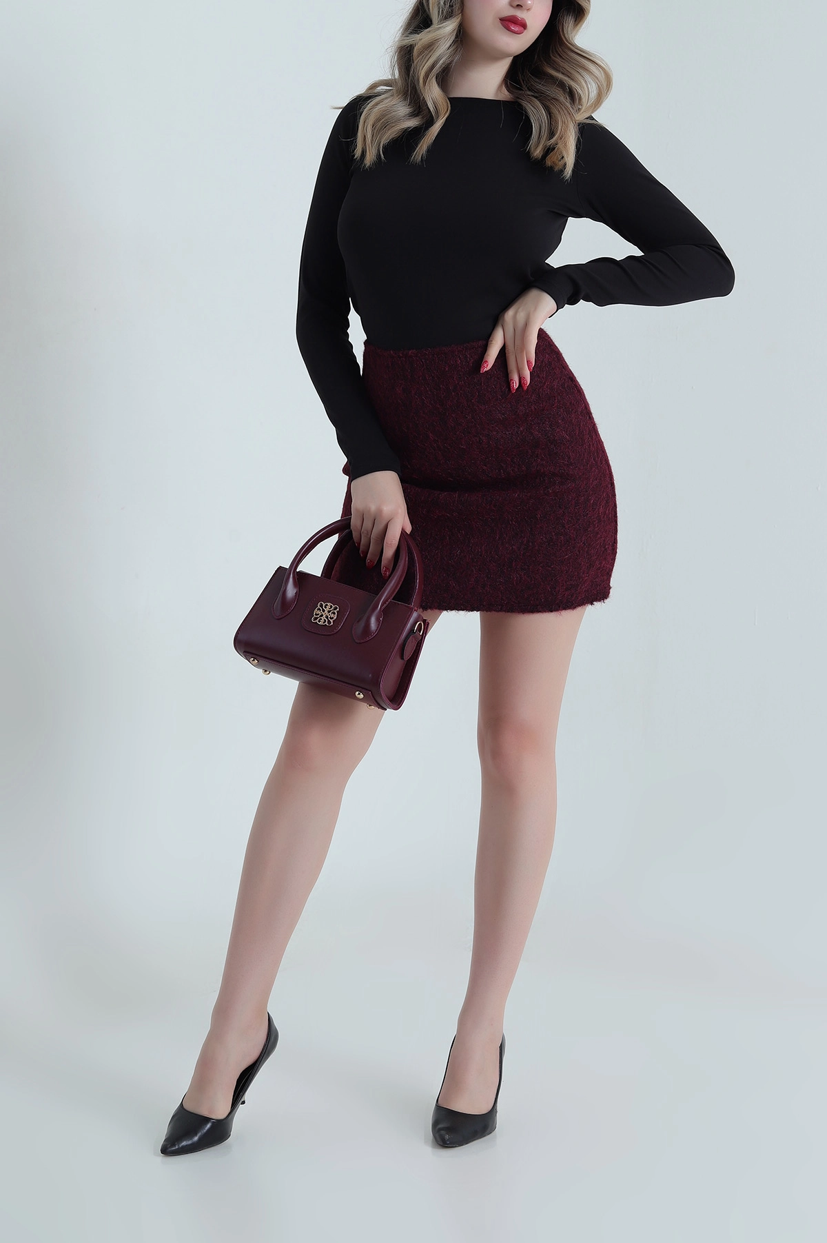 Bordo Kırçıllı Kaşe Kadın Etek 484899
