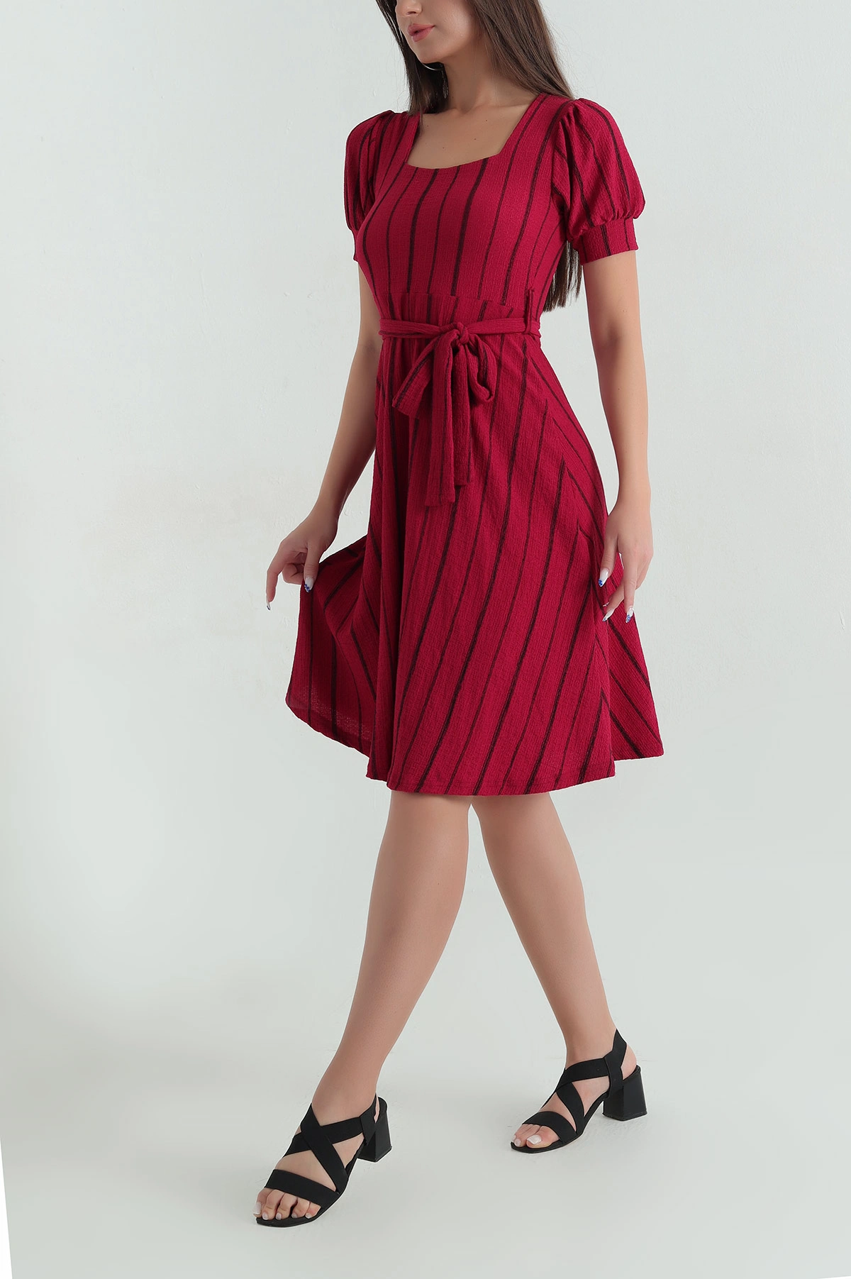 Bordo Kırınkıl Kumaş Kare Yaka Kadın Elbise 368162