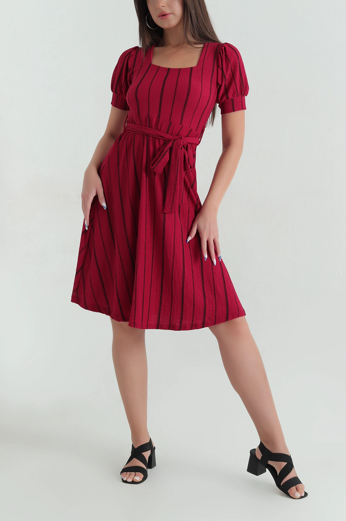 Bordo Kırınkıl Kumaş Kare Yaka Kadın Elbise 368162
