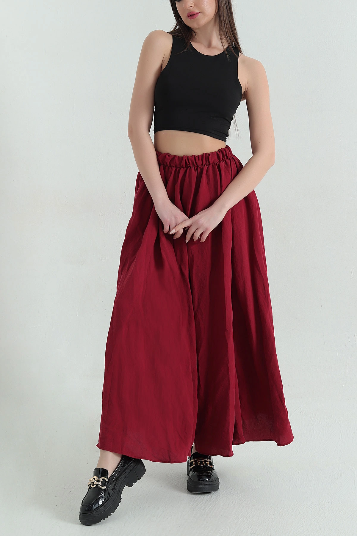 Bordo Kırışık Kumaş Bel Lastikli Kadın Etek 354306