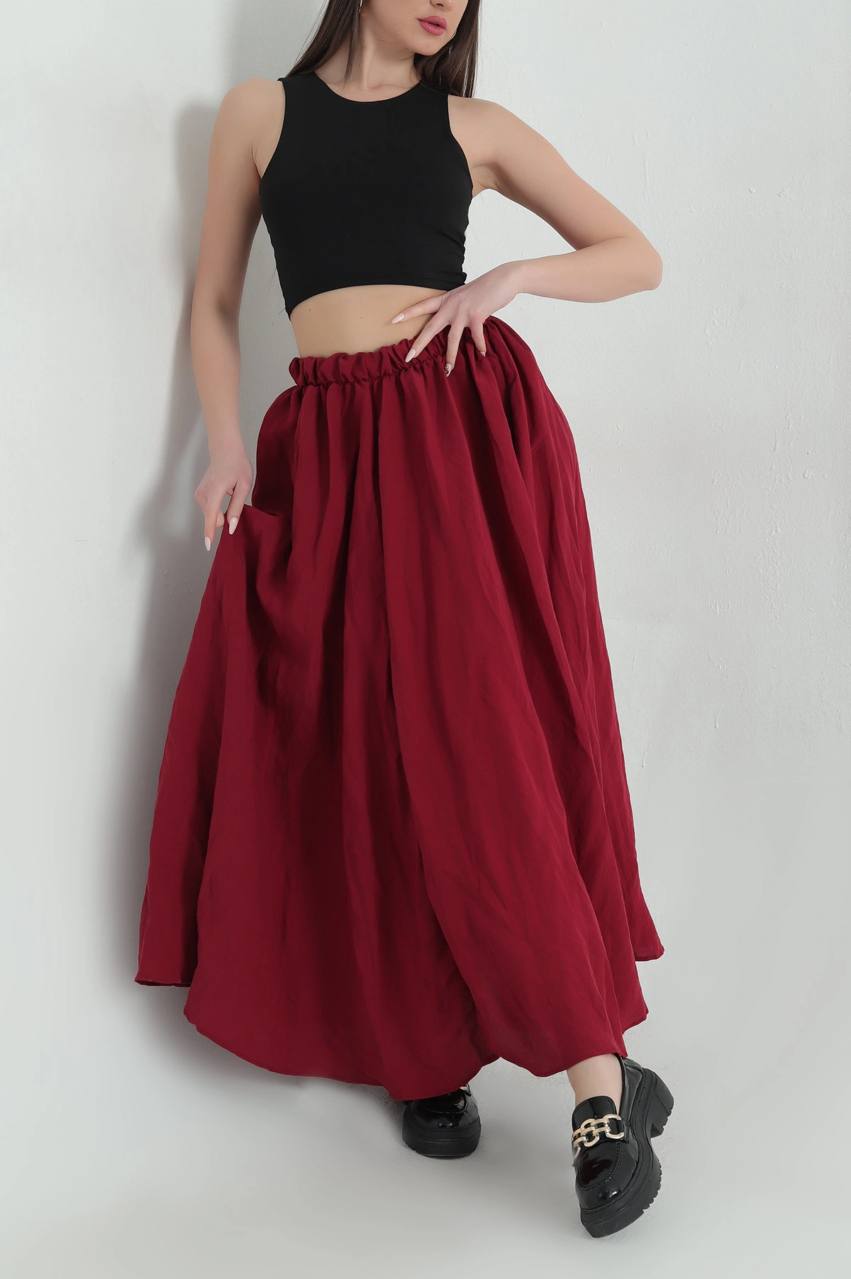 Bordo Kırışık Kumaş Bel Lastikli Kadın Etek 354306