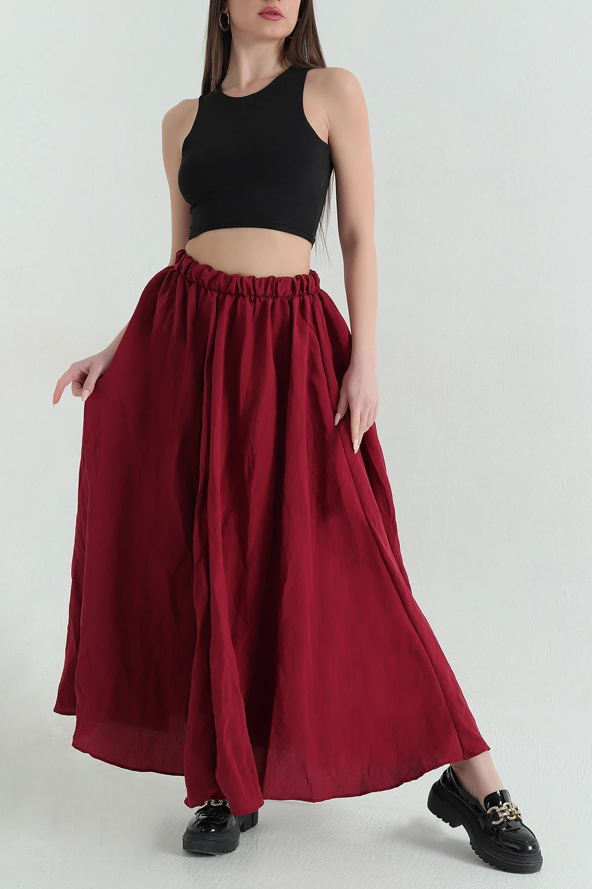 Bordo Kırışık Kumaş Bel Lastikli Kadın Etek 354306